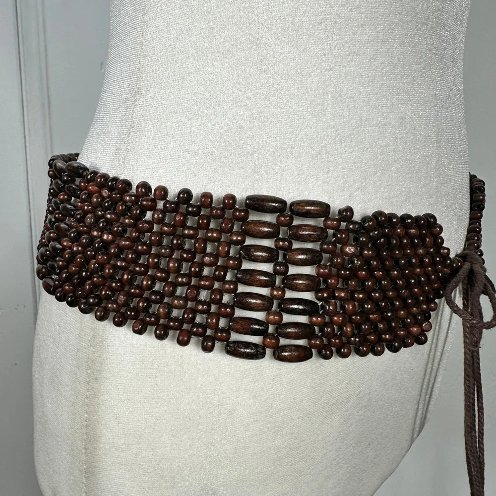 Vintage Brown Wooden Bead Wide Tie Belt Woven Boho Hippie Adjustable Waist